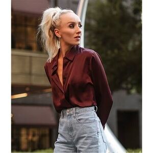 NWT Gianna Bini x Nastia Liukin Luka Satin Button Up Long Sleeve Blouse